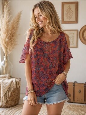 Harlowe & Graham Rust Paisley Cold-Shoulder Top